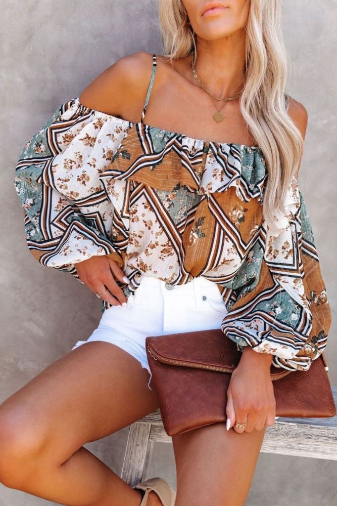 Chiffon Off Shoulder Spaghetti Strap Summer Tops Fashion Women Holiday Beach Shirt Vintage Leaf Print Elegant 2021 Female Blouse