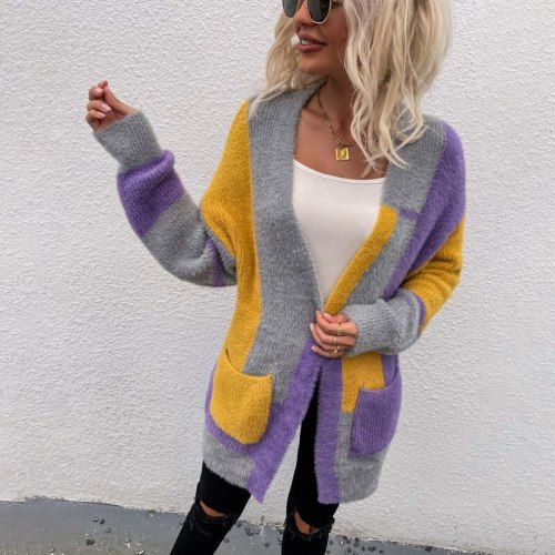 Ladies Irregular Color Block Sweater Cardigan 2021 Fall/Winter New Long Sleeve Knitted Oversized Jacket Casual Warm Cardigan
