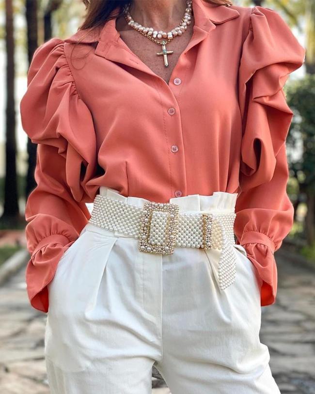 Solid Puff Sleeve Button Blouse