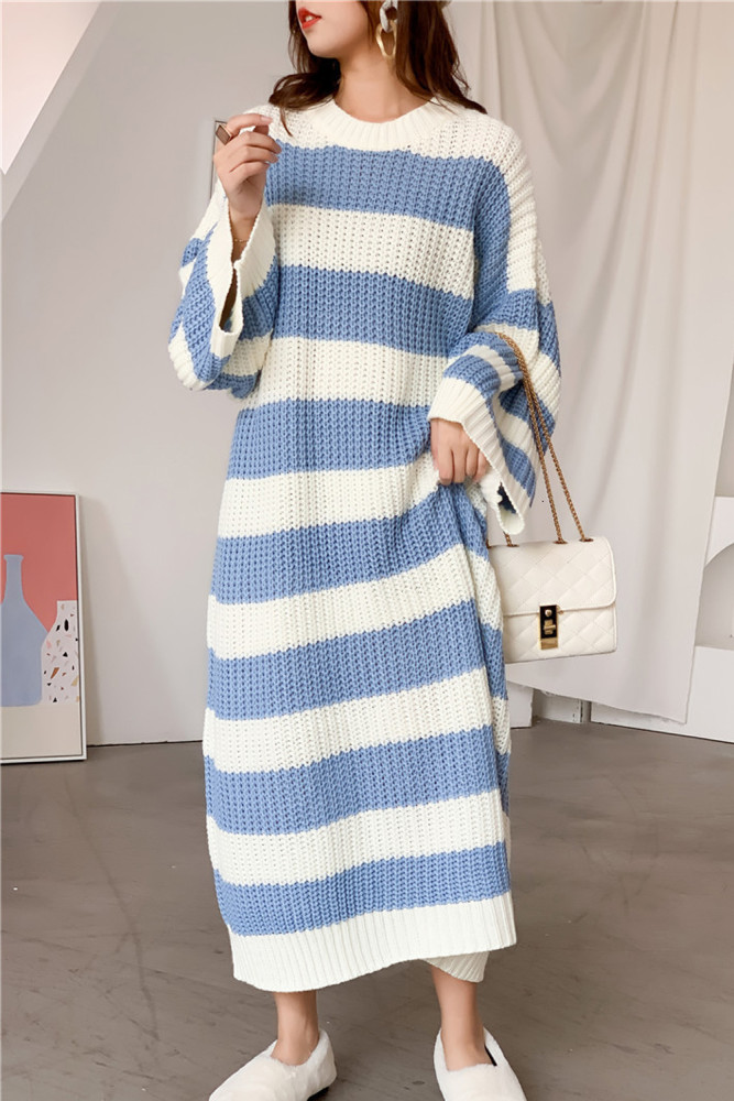 Stripe Knit Dress Crew Neck Pullover Sweater