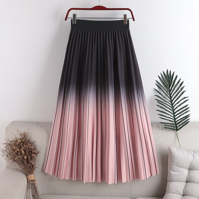 Gradient Color Pleated Print Rainbow Striped Skirt Women Elastic Waist Spring and Autumn New Style High Waist Thinner Mid-length
