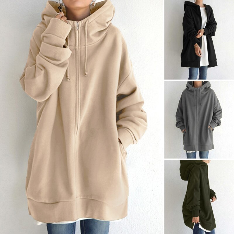 2021 Elegant Sweatshirts Women's Hooded Hoodies Casual Long Sleeve Zip Up Outwear Coats Female Solid Tops Jackets