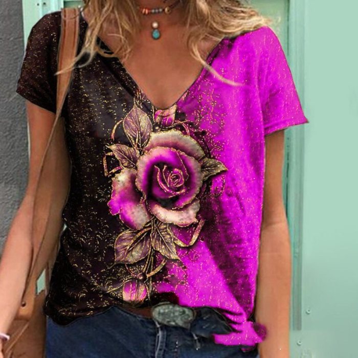 Summer Casual V-neck Multicolor Rose Print Short-sleeved Loose T-shirt 2021 Fashion Street Hipster Pullover T-shirt Female S-5XL