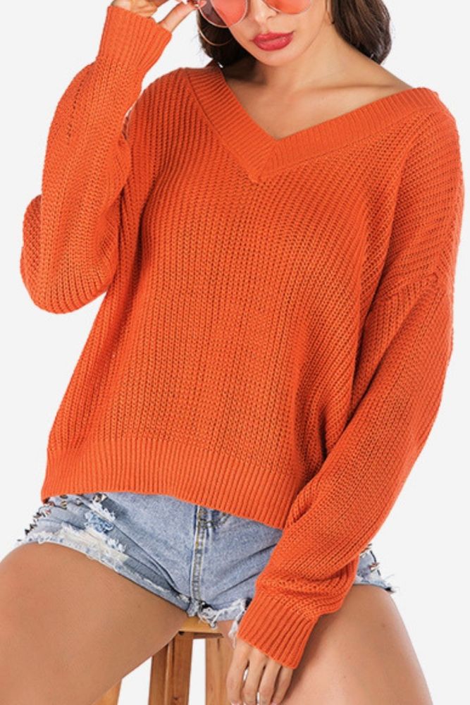 Autumn winter Orange Women knitted sweater Solid color loose casual Long sleeves pullover V-Neck Warm soft female clothes