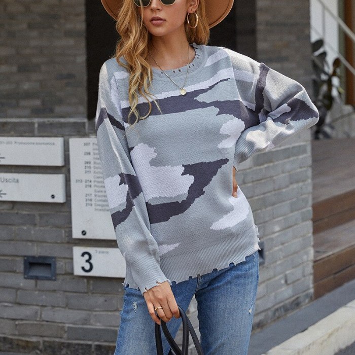 Crewneck Sweater Women's 2021 Autumn/Winter New Hand-cut Hole Tassels Long-sleeved Thick Camouflage Knit Sweater Top
