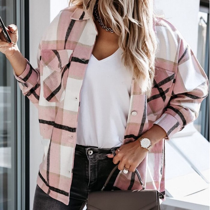 Autumn Casual Plaid Long Sleeve Lady Jacket Women Vintage Turn-Down Collar Tops Coat Elegant Female Single Breasted Outerwear XL