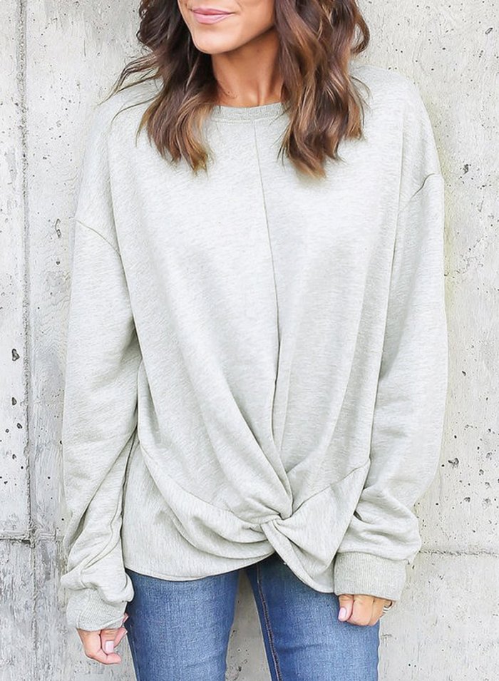 Knot Twist Front Long Sleeve Casual Pullover Hoodie