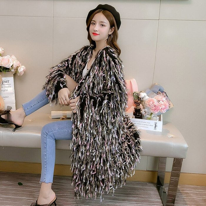 Luxury Shiny Sequins Knit Fringed Sweater Cardigan Korean Women Mohair Winter Loose Handmade Crocheted Jacket Fluffy Long Coats