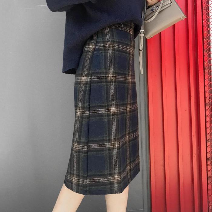 Korean Fashion Casual Women Autumn Winter Vintage Blue/Gray Plaid High Waist Warm Faux Woolen A-line Skirt Plus Size S-2XL