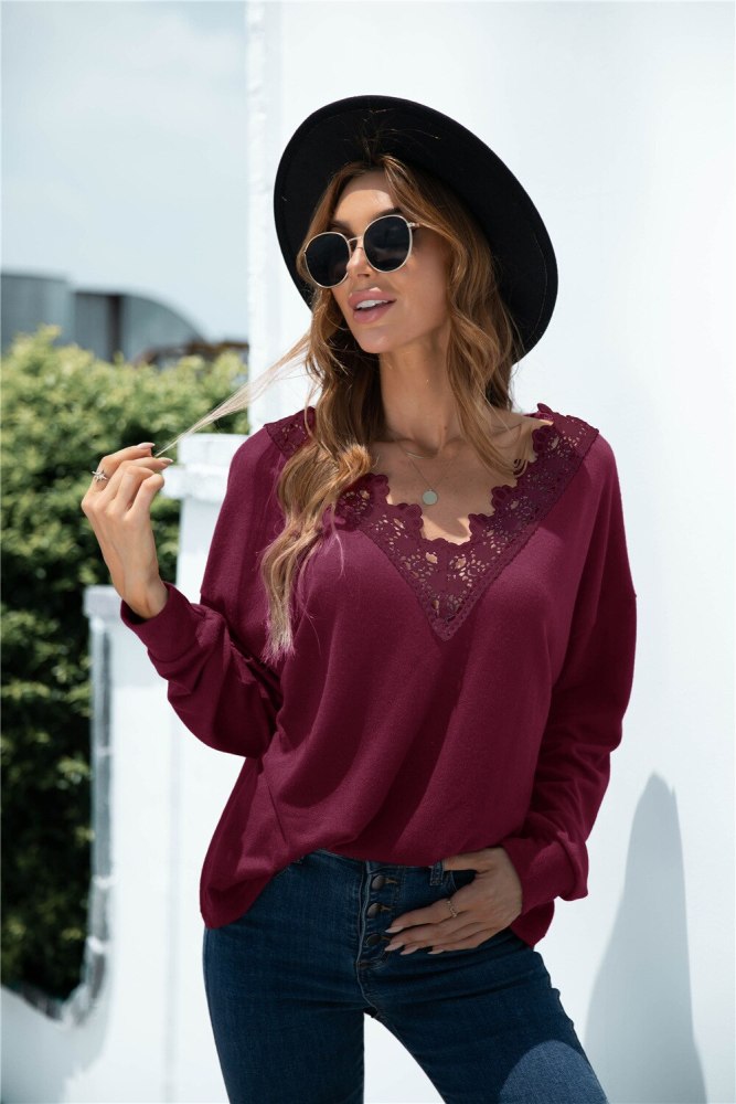 New Women Lace Patchwork See Through V-neck Loose T-shirt Sexy Long Sleeve Solid Tee shirt Autumn Winter Casual Black Pullovers