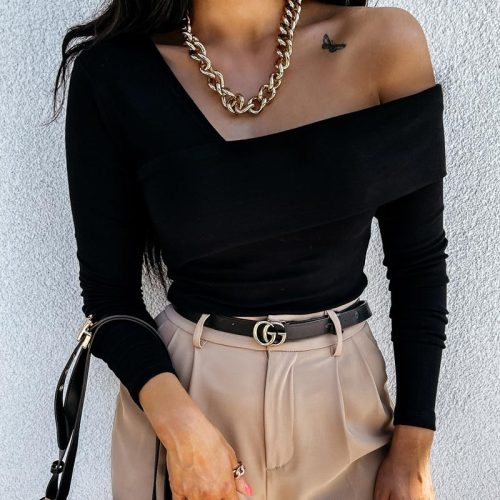 Sexy Backless Streetwear Casual Irregular Blouses Women's Blouse Solid Skew Collar Slim Long Sleeve T-shirt Female Autumn Black