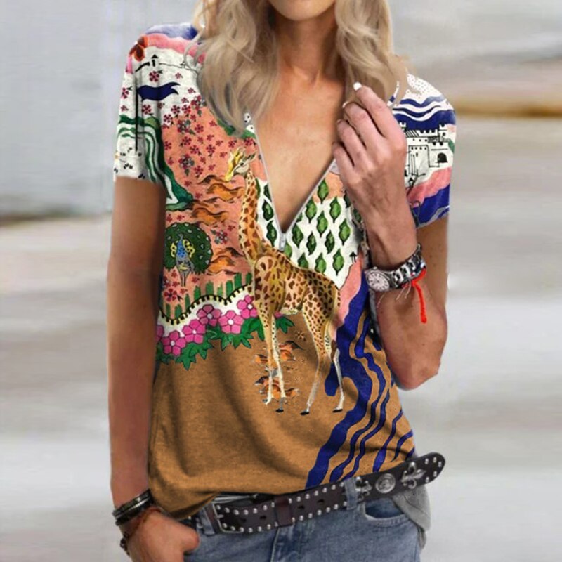 Women's V-neck Giraffe Print Short Sleeve T-shirt Tops Stitching Hedging Casual Women's Clothing 2021 Women Fashion Clothing