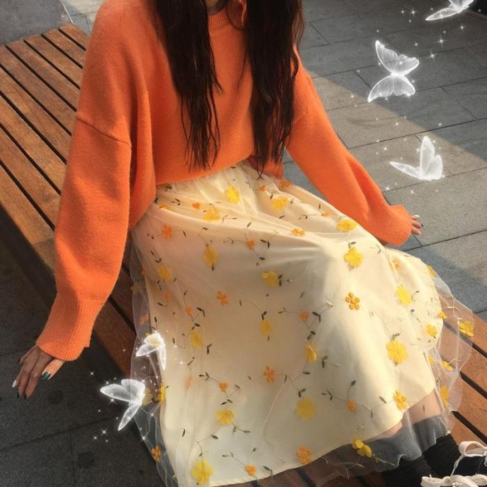 Yellow 3D Flower Lace Skrit Women High Waist Mesh Long Skrit Female elegant Midi tulle skirt Sweet Cute Student School Wear saia