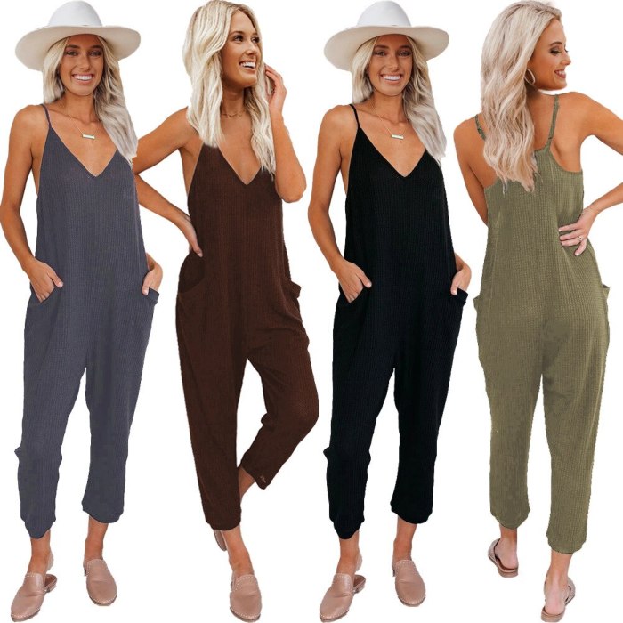 Women's Jumpsuit New Fashion Summer Solid Color V-neck Pocket Sling Women's Jumpsuit Casual Jump Suits for Women