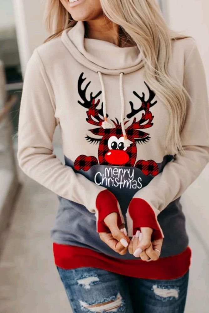 Hoodie Women Jumper Plus Size Women Long Sleeve Christmas Elk Printed Sweatshirt O-Neck Drawstring Top Tee Slim Holiday Clothing
