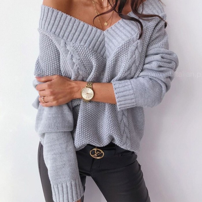 New Solid V-neck Women's Sweater Drop Shoulder Long Sleeve Knit Sweaters Female 2021 Autumn Winter Loose Fashion Lady Pullover