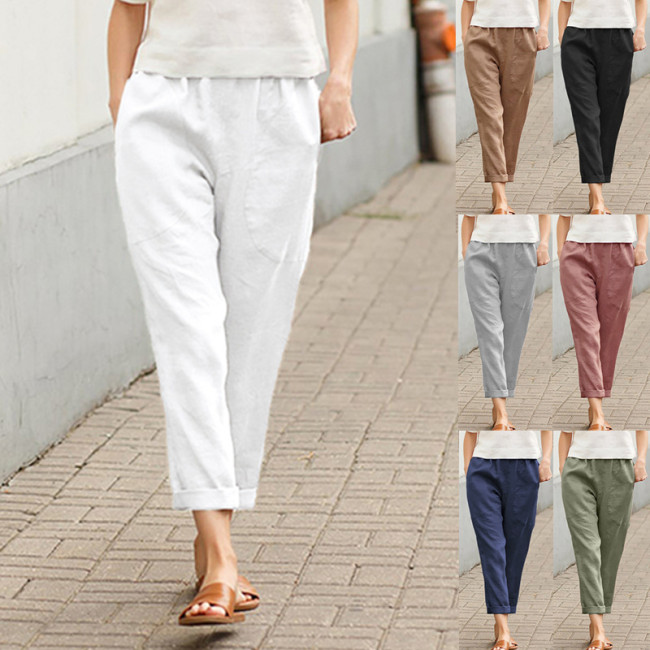 Cotton Linen Big Pocket Thin Women's Pants Solid Elastic Waist Pant For Women 2021 Summer Straight White Homewear Trousers