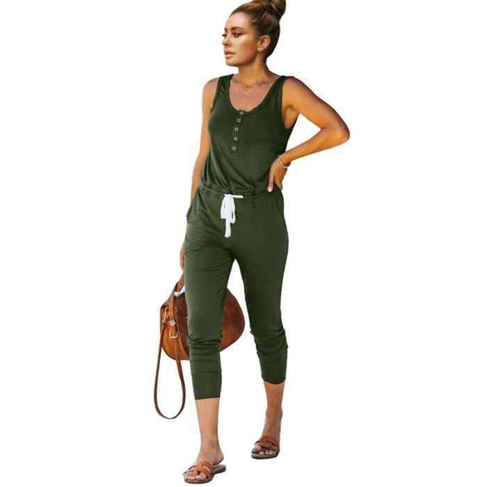 Button Solid Vest Jumpsuits 2021 Summer Casual Pocket Lace Up Long Rompers Fashion Women Street Playsuit Sportswear