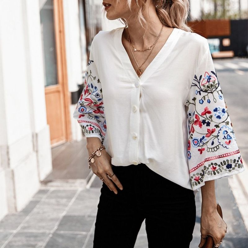 Floral Embroidery Blouse Shirt Long Flare Sleeve V-neck Button Front Linen Sping Autumn Women Tops