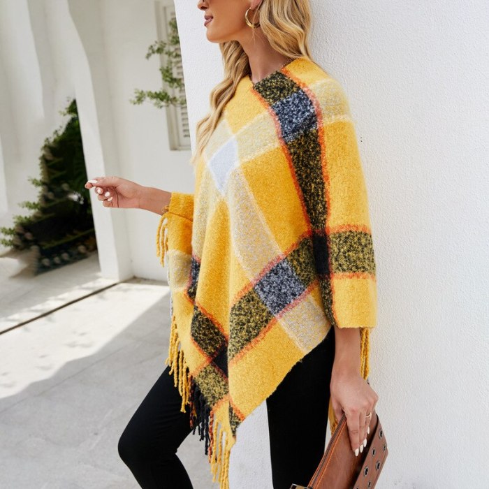 Poncho for Women 2021 Autumn Winter New Imitation Cashmere Striped Cloak Knitted Fringe Scarf Shawl Lady Pullover Sweater