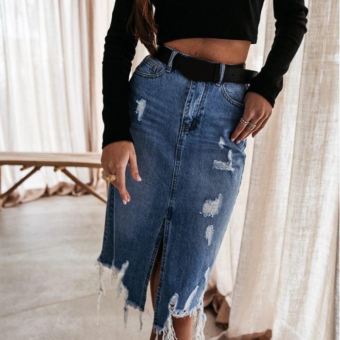 Ripped Irregular Tassel Women's Midi Skirt Front Split High Waist Denim Female Skirts 2021 Summer Fashion Elegant Lady Bottoms