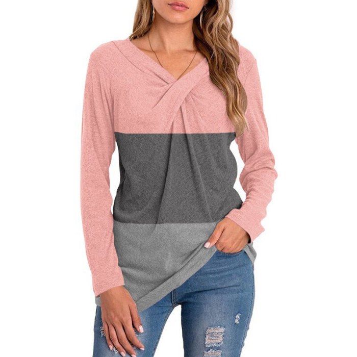 Color Block Women Long Sleeve Cotton Tshirts Casual New Autumn Top V-Neck Patchwork T shirt Autumn New Tops For Women 2021