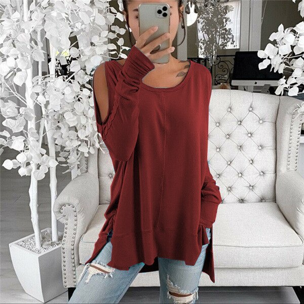 women spring hollow out shoulder Pullover loose long sleeve blouse tops solid black color plus sizes