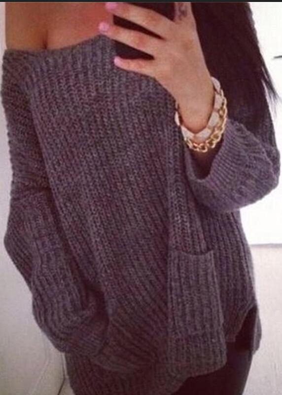 Fashion Casual Chunky Knit Loose One Shoulder Pockets Sweater