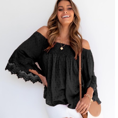 2021 Summer Shirts Fashion White Lace Women Tops Sexy Off Shoulder Backless Flare Sleeve Loose Blouses Beach Clothing Blusas