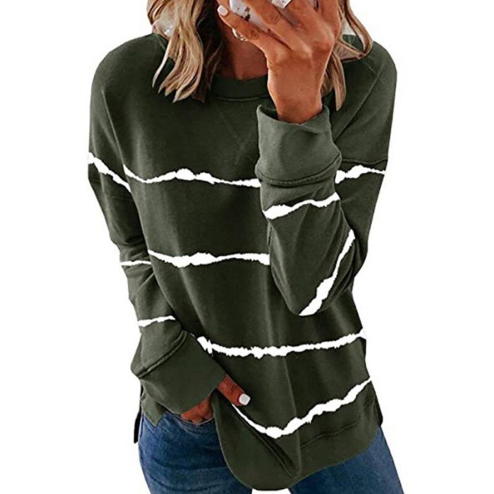 Autumn Women's Shirts Long Dyed Printed Striped Round Neck Loose Long Sleeve T-Shirts