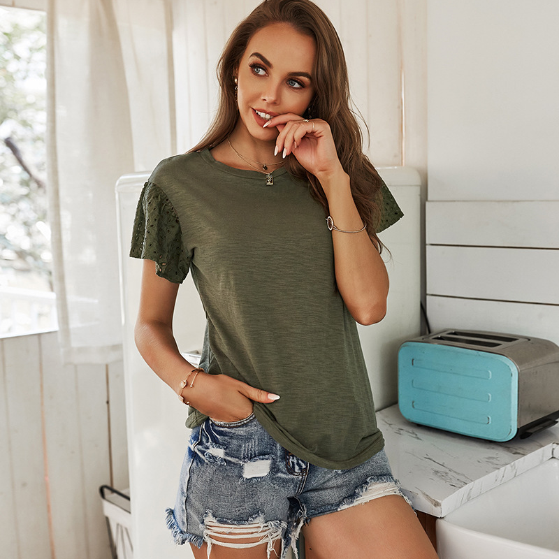 Summer Army Green Casual Homewear Round Neck Flare Sleeve Hollow Out Women T-shirts Fashion All-match Cotton Tees New Arrivals