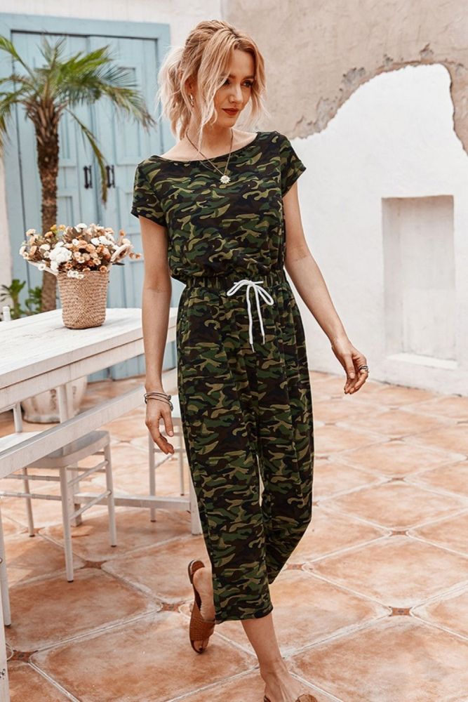 Summer Camouflage Print Lace Up O Neck Jumpsuits Women's Streetwear Casual Strapless Short-sleeve Pocket Woman Jumpsuits