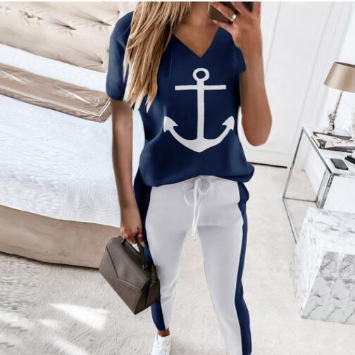 2021 Women Anchor Print Patchwork Homewear Casual V Neck Tops Pullover and Drawstring Pants Tracksuit Summer 2 Piece pant sets