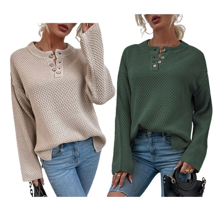 Round neck button cardigan sweater women autumn/winter split knit sweater single-breasted solid white khaki long sleeve pullover