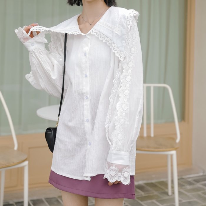 Blouse Shirts Lace Embroidery Flowers Long Sleeve Elegant Tops