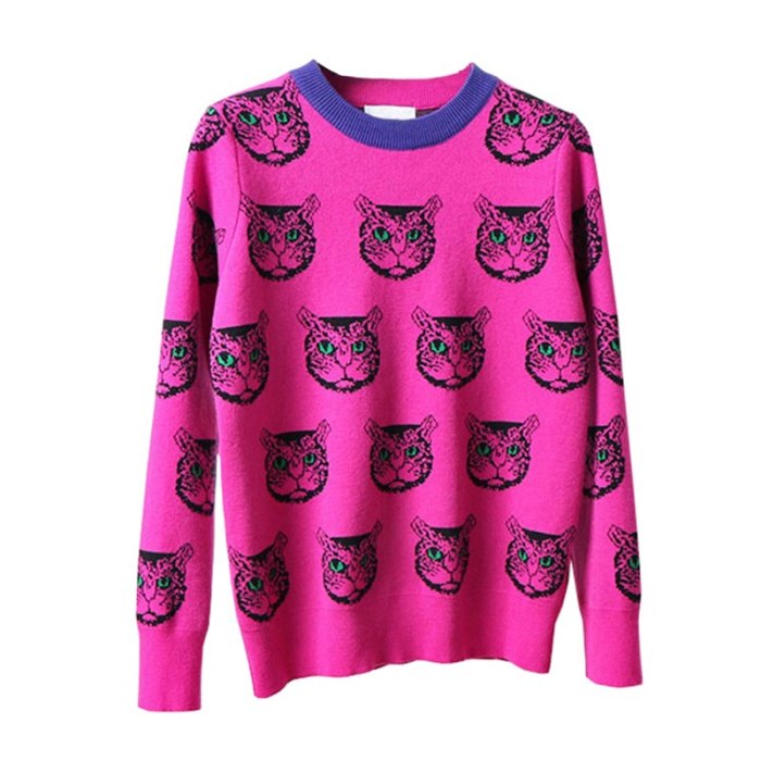 Women Cartoon Cat Print Casual Pullover Knitted Top