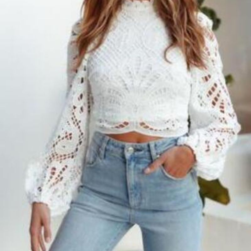 Elegant Women's Long Sleeve Lace Blouses Tops White Casual Crochet Hollow Out Turtleneck Stylish Cropped Shirts Female Pullovers