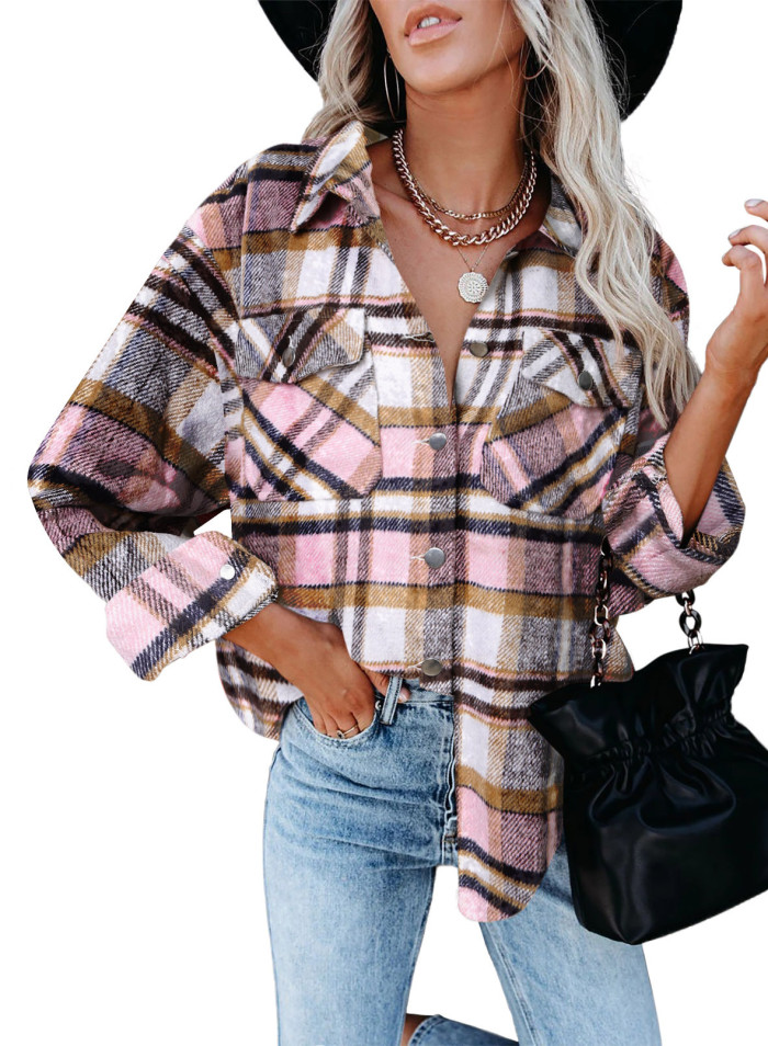 Long Plaid Jacket Women Coat Overshirt Winter Checkered Jacket Female Long Sleeve Shirt Jacket For Women