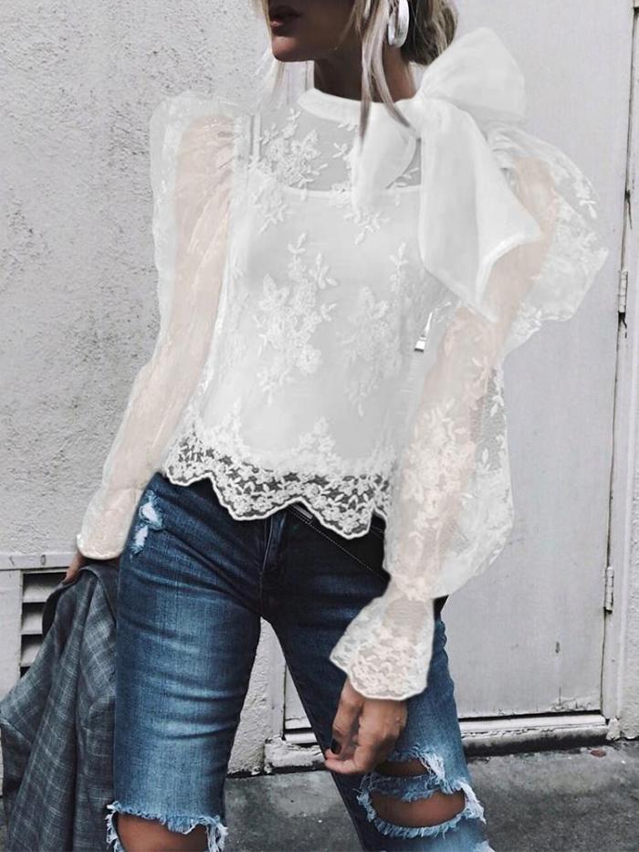 Fashion ladies puff sleeve mesh shirt