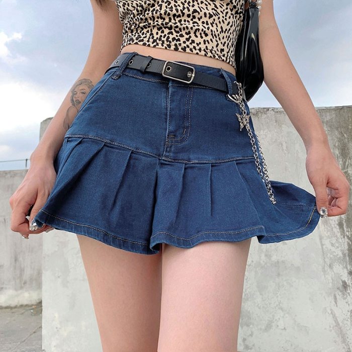Women Y2K Jeans Skirts Pleated Zipper Mini Skirts
