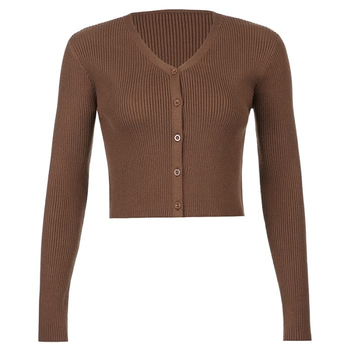 Sweater Knitwear Women Autumn Y2K Long Sleeve V Neck Knitted Cardigans Harajuku Korean Brown Crop Tops Solid Outwear