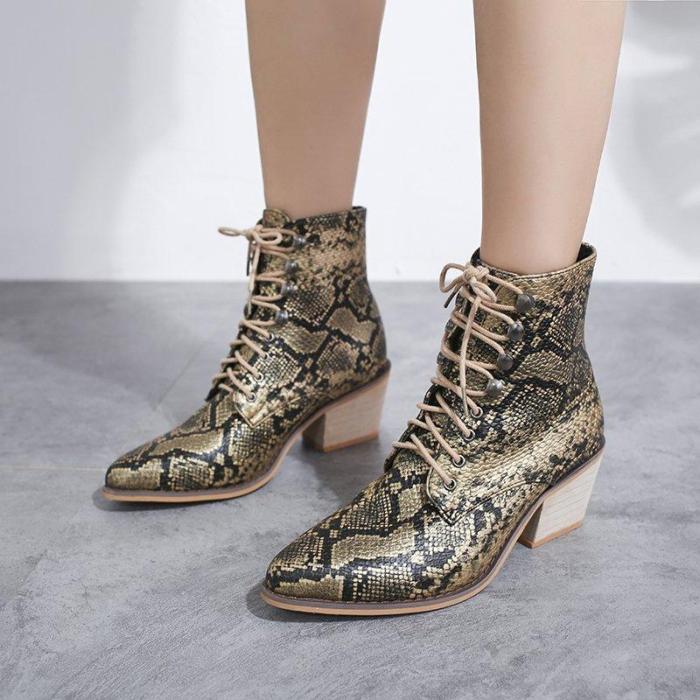 Lace-Up Ankle Pu Boots Chunky Heel Casual Shoes