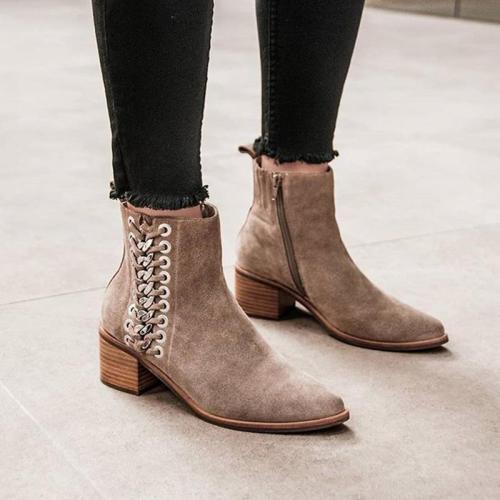 Women's Fashion Solid Color Suede Metal Decorative Ankle Boots