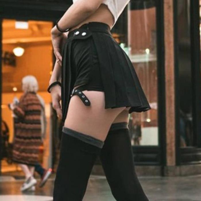 EBUYTIDE Summer Solid Black Skirt Women Casual High Waist Pencil Skirts Punk Dark Style High Street Pleated Skirt Gothic Girls Harajuku