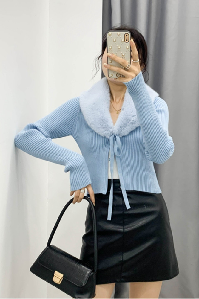 Ribbed Knitted Cardigan Fur Trim Collar Lace Up Cropped Jumpers