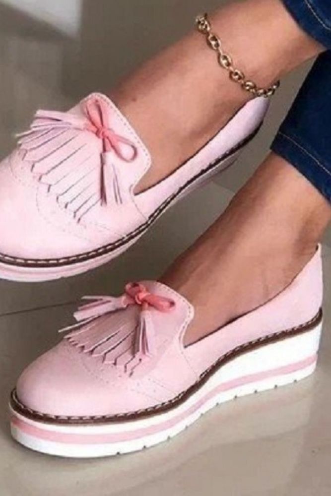 2021 New Women Tassel Bowtie Loafers Woman Slip On Sneakers Ladies Soft PU Leather Sewing Flat Platform Female Shoes All Seasons