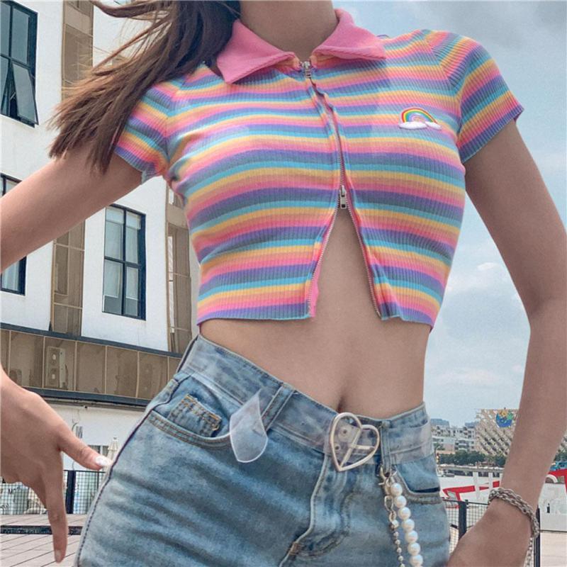 Rainbow Embroidery Zipper Striped Crop Tops