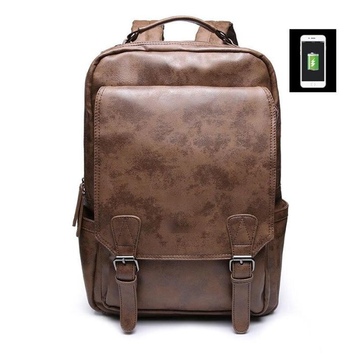 Brand High Quality Men Backpack Leather School Back Bag Waterproof USB Travel Bag Solid Large Teenager Bookbag Male