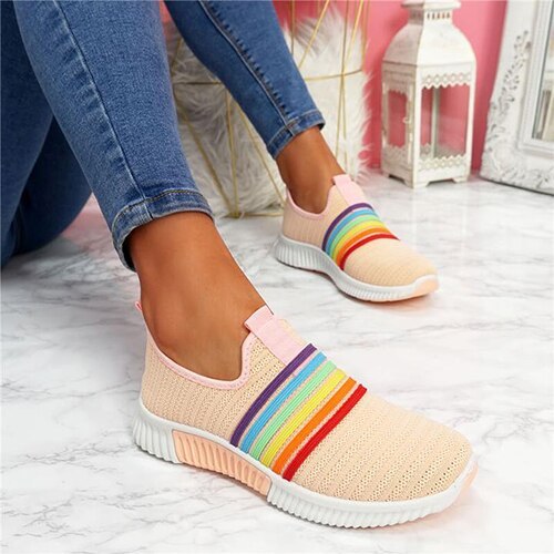 2021 Women Sneakers Woman Vulcaniaed Female Rainbow Color Stripes Loafers Women's Slip On Flat Lady Soft Mesh Shoes Plus Size