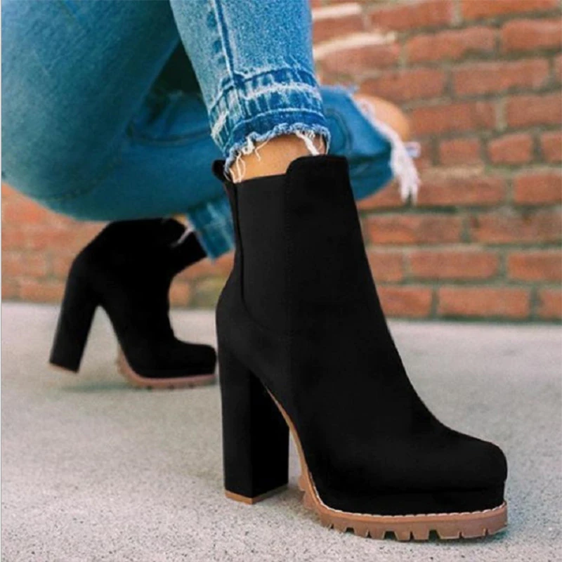 2021 Women Flock Leopard Ankle Boots Female Spring Square High Heels Platform Shoes Ladies Solid Fashion Footwear Big Size